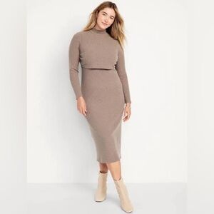Maternity Mock Neck Double Layer Nursing Midi Dress